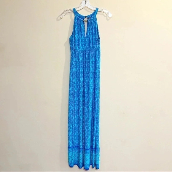 Apt 9 Womens Dress XS Sleeveless Maxi Blue Aztec Tribal Print Keyhole Neck - Picture 1 of 11